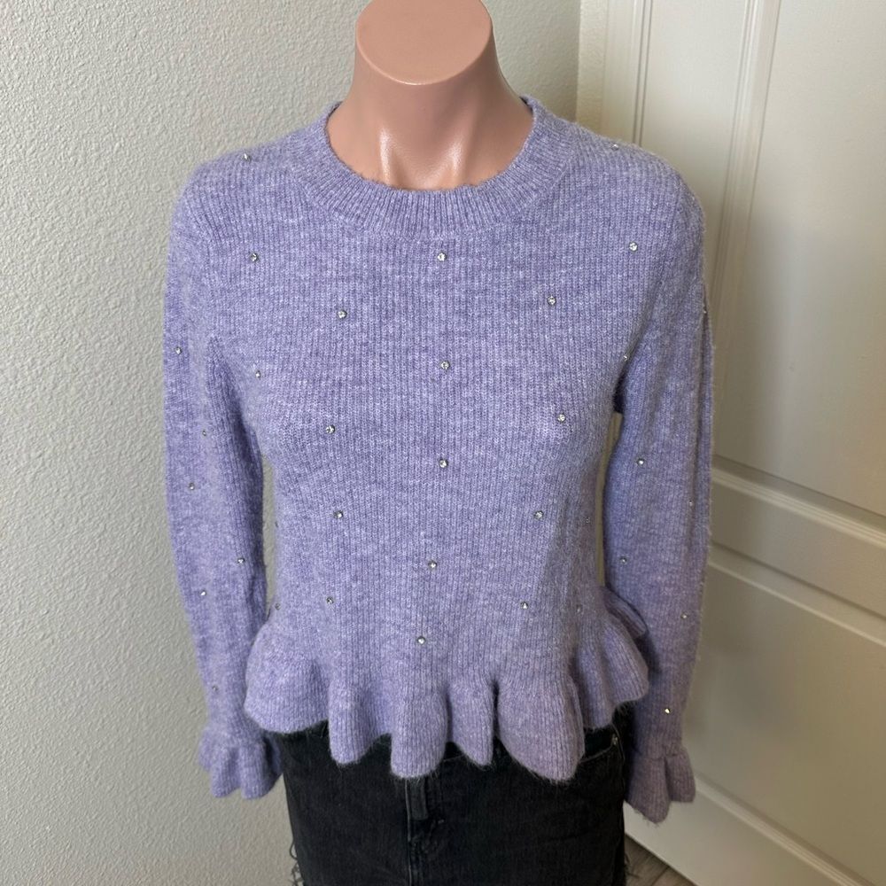 Zara Lilac Crew Neck Sweater with Embellishment Details Sz M